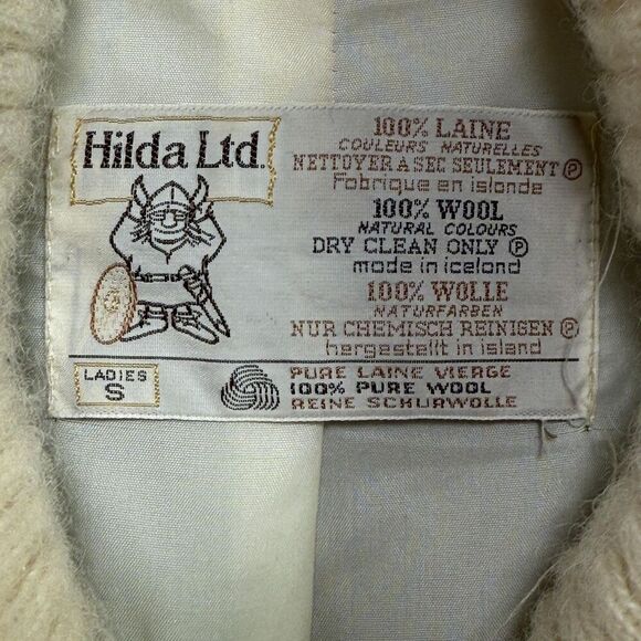 Vtg Hilda Ltd Cardigan Women S Cream Blue Wool Knit Icelandic Shawl Collar 80s - Picture 3 of 12